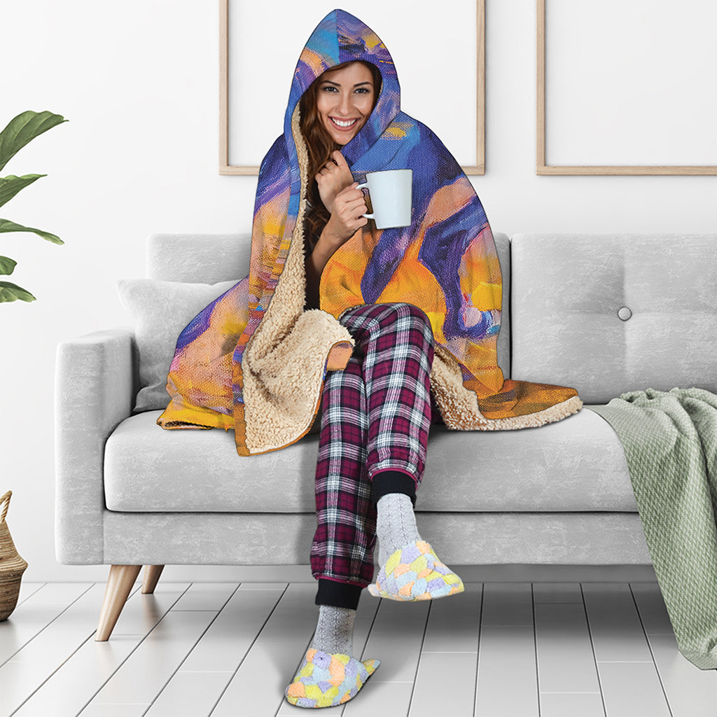 Sunset Horse Painting Print Hooded Blanket