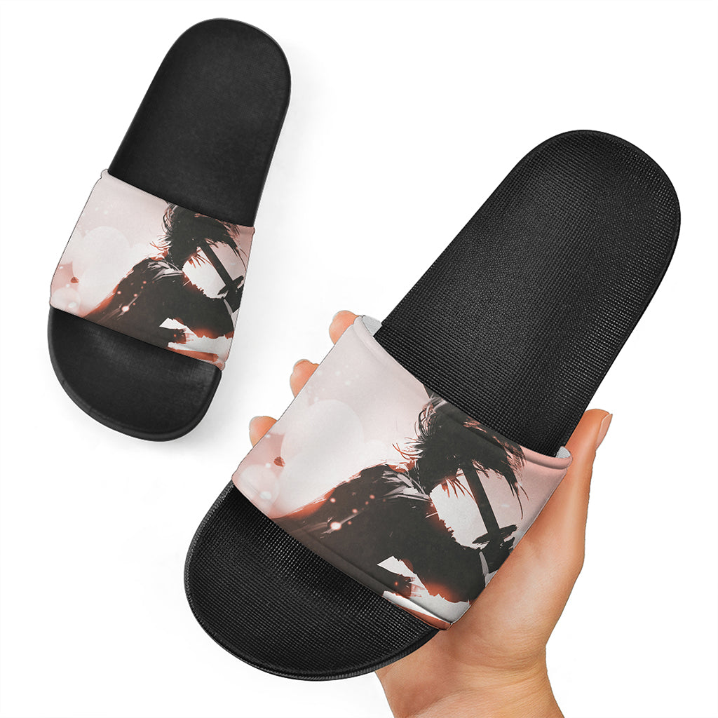 Sunset Japanese Samurai Print Black Slide Sandals
