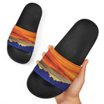 Sunset Mountain Print Black Slide Sandals