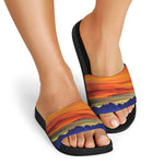 Sunset Mountain Print Black Slide Sandals