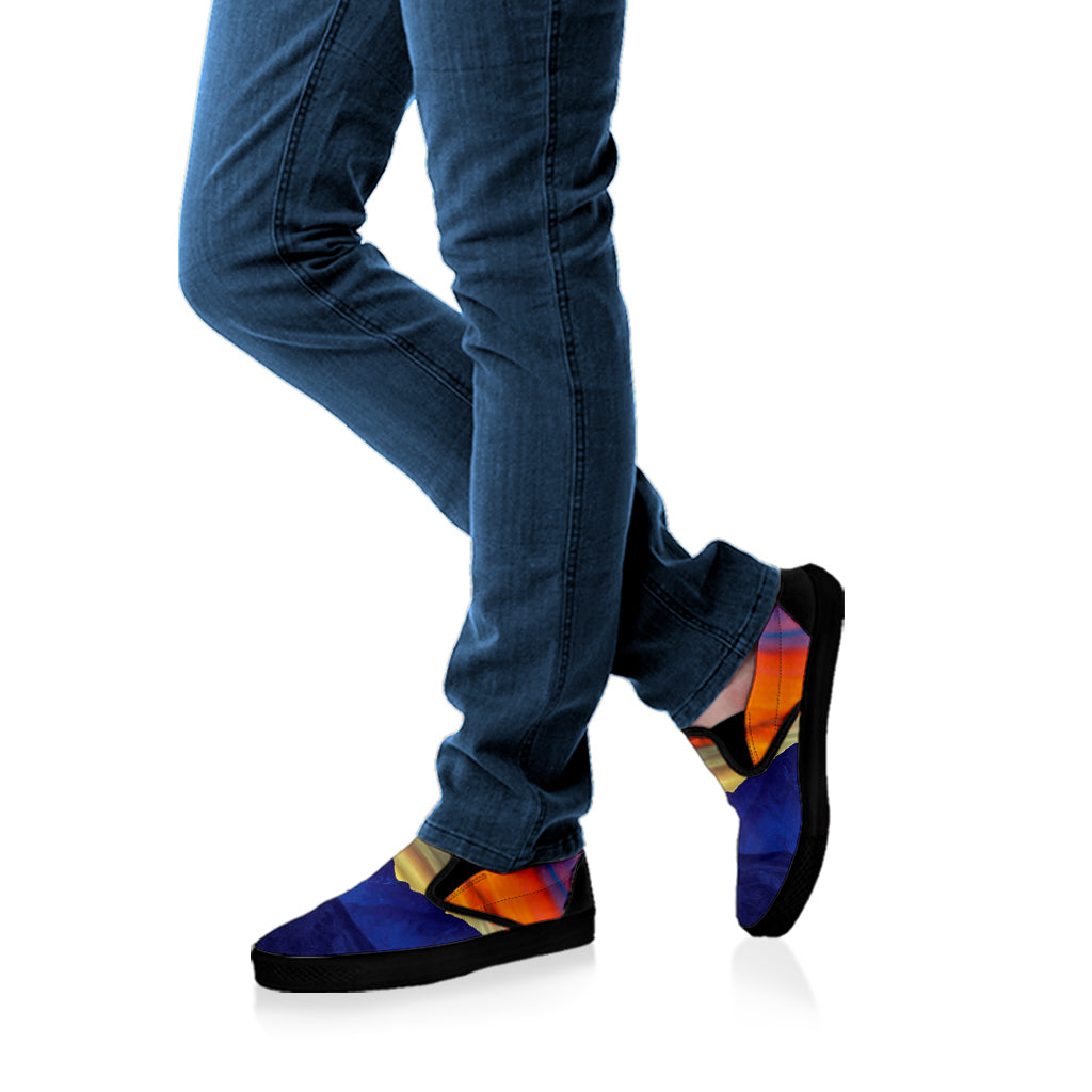 Sunset Mountain Print Black Slip On Shoes