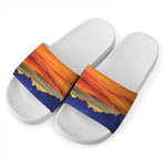 Sunset Mountain Print White Slide Sandals