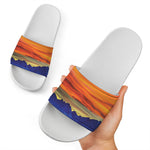 Sunset Mountain Print White Slide Sandals