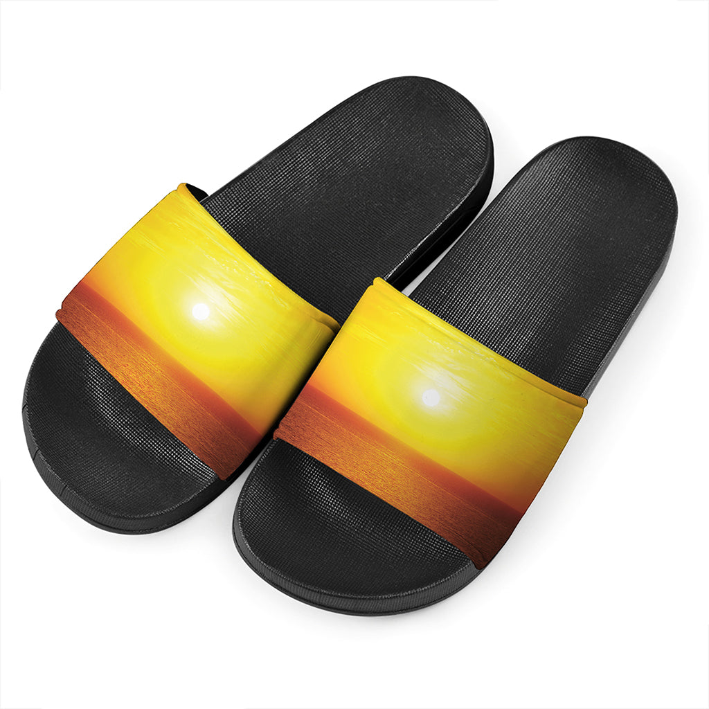 Sunset Over Sea Print Black Slide Sandals