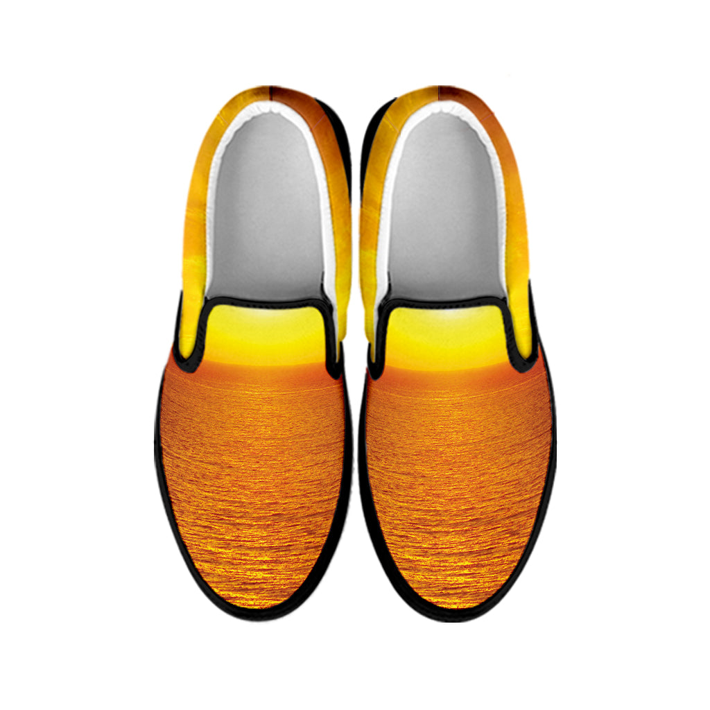 Sunset Over Sea Print Black Slip On Shoes
