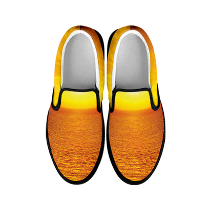 Sunset Over Sea Print Black Slip On Shoes