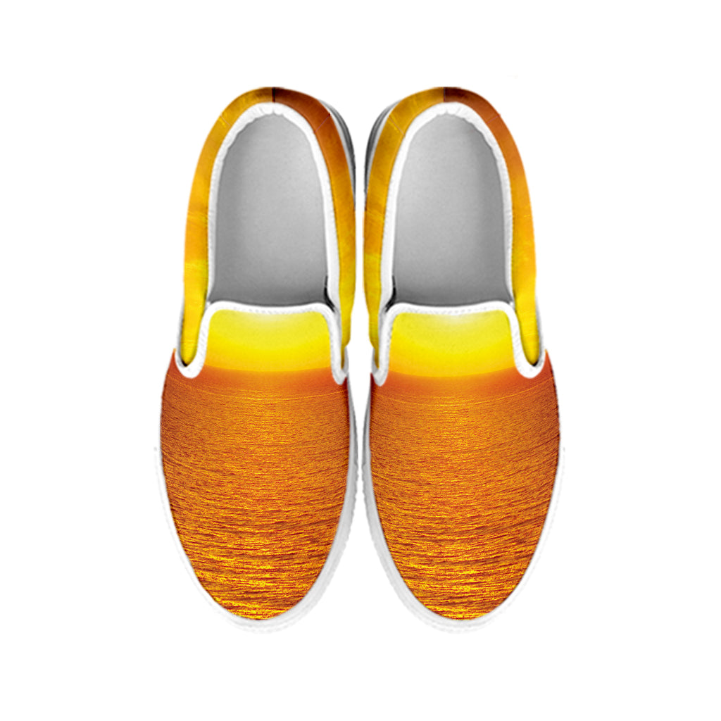 Sunset Over Sea Print White Slip On Shoes