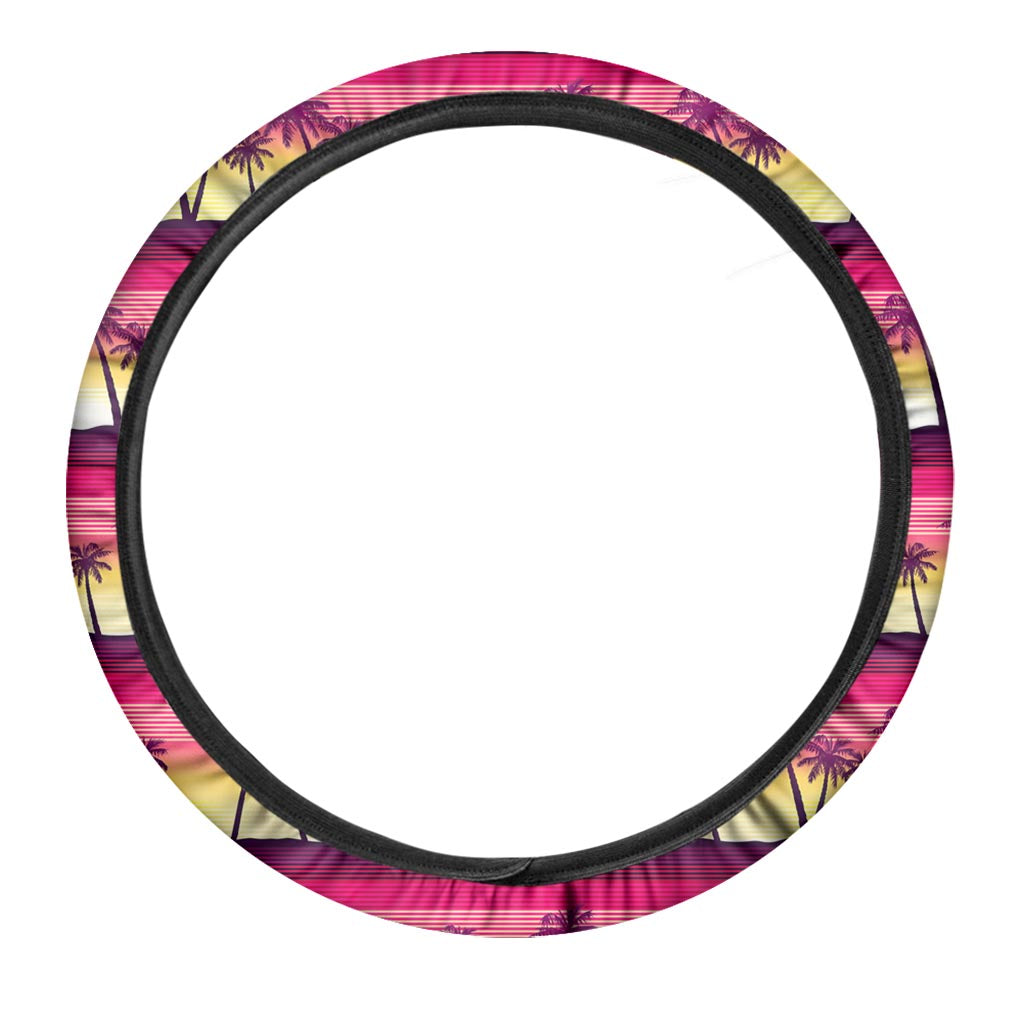 Sunset Palm Tree Pattern Print Car Steering Wheel Cover