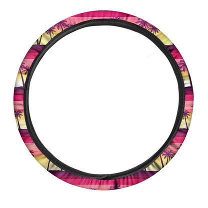 Sunset Palm Tree Pattern Print Car Steering Wheel Cover