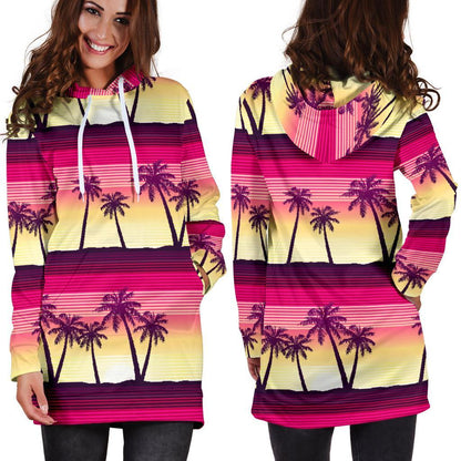 Sunset Palm Tree Pattern Print Hoodie Dress GearFrost
