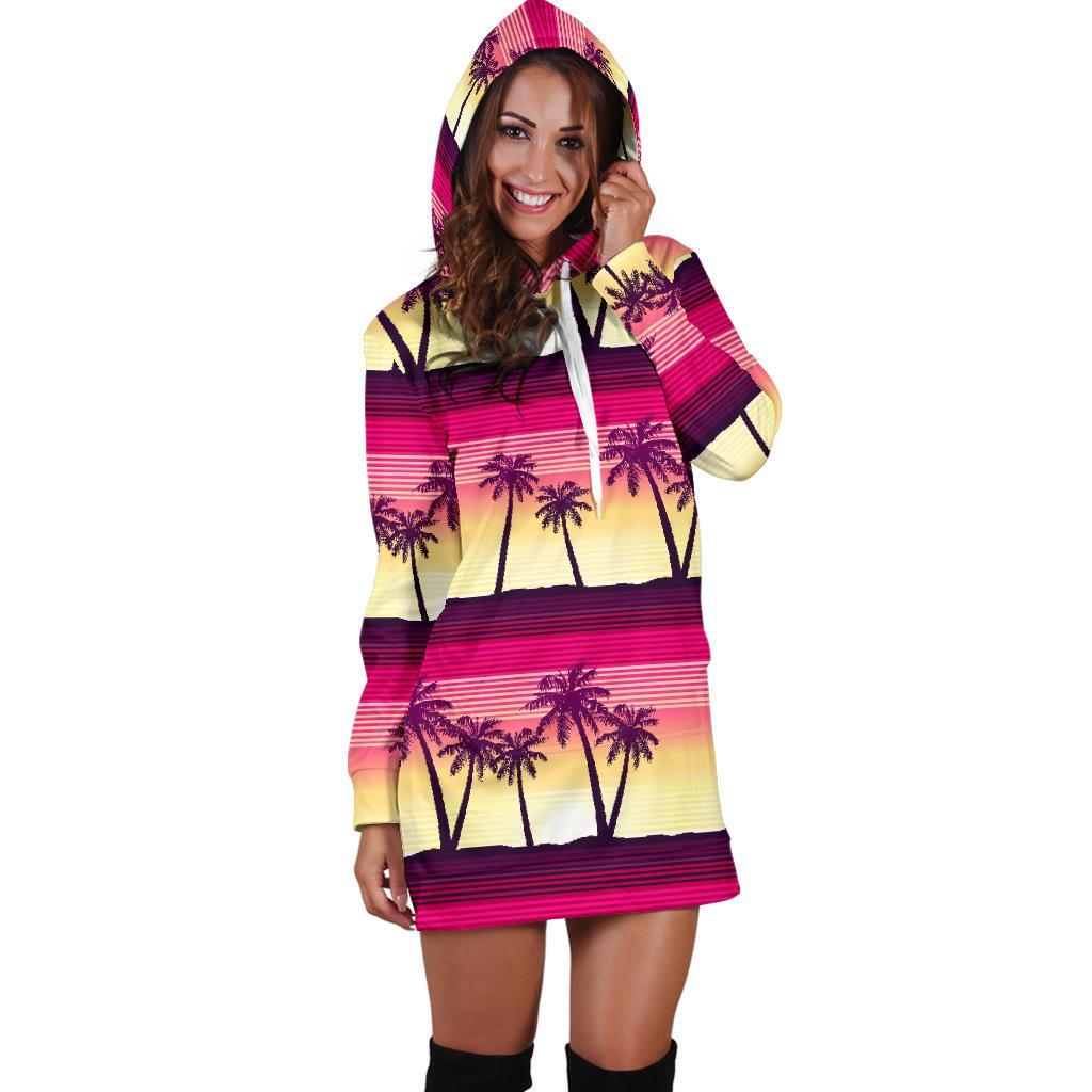 Sunset Palm Tree Pattern Print Hoodie Dress GearFrost