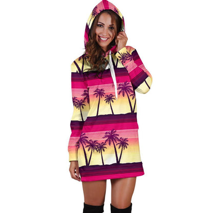 Sunset Palm Tree Pattern Print Hoodie Dress GearFrost