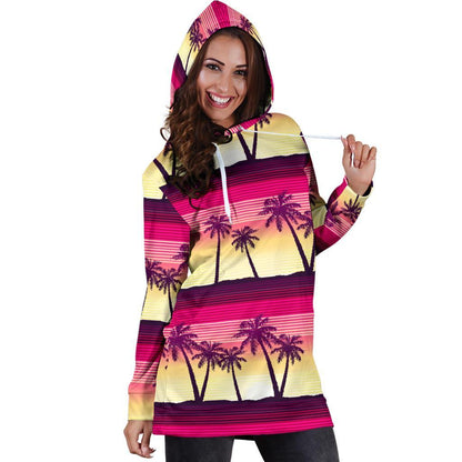 Sunset Palm Tree Pattern Print Hoodie Dress GearFrost