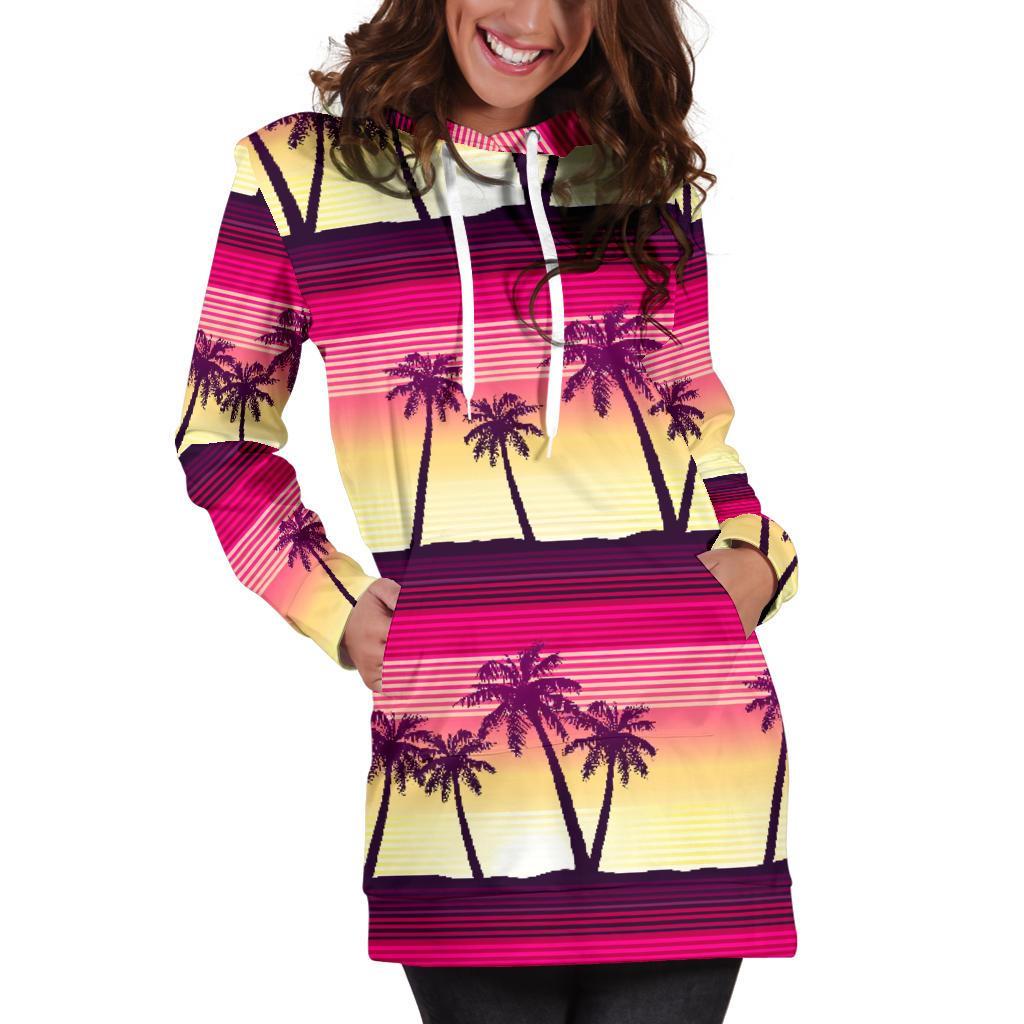 Sunset Palm Tree Pattern Print Hoodie Dress GearFrost