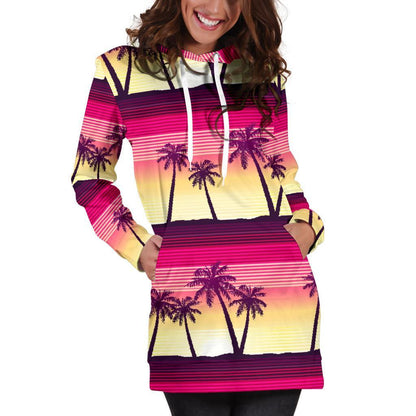 Sunset Palm Tree Pattern Print Hoodie Dress GearFrost
