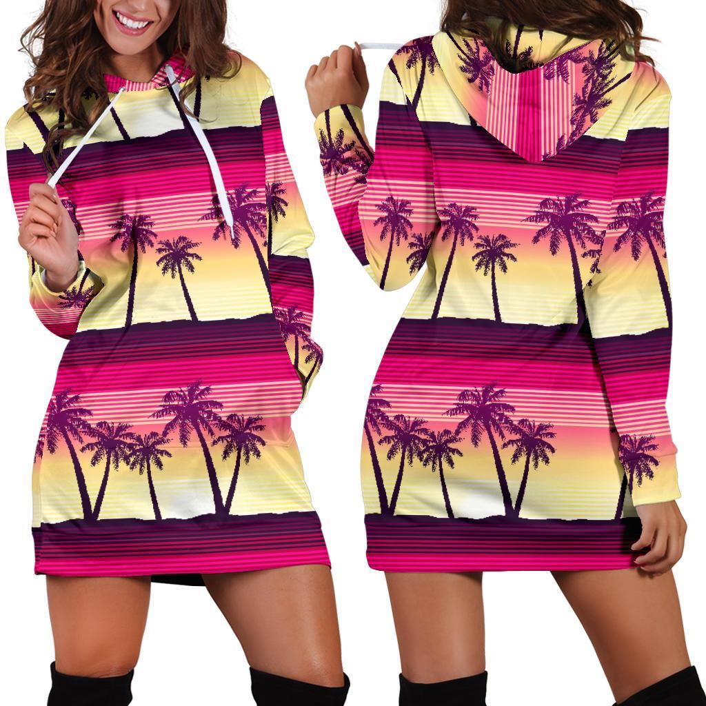 Sunset Palm Tree Pattern Print Hoodie Dress GearFrost