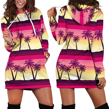 Sunset Palm Tree Pattern Print Hoodie Dress GearFrost