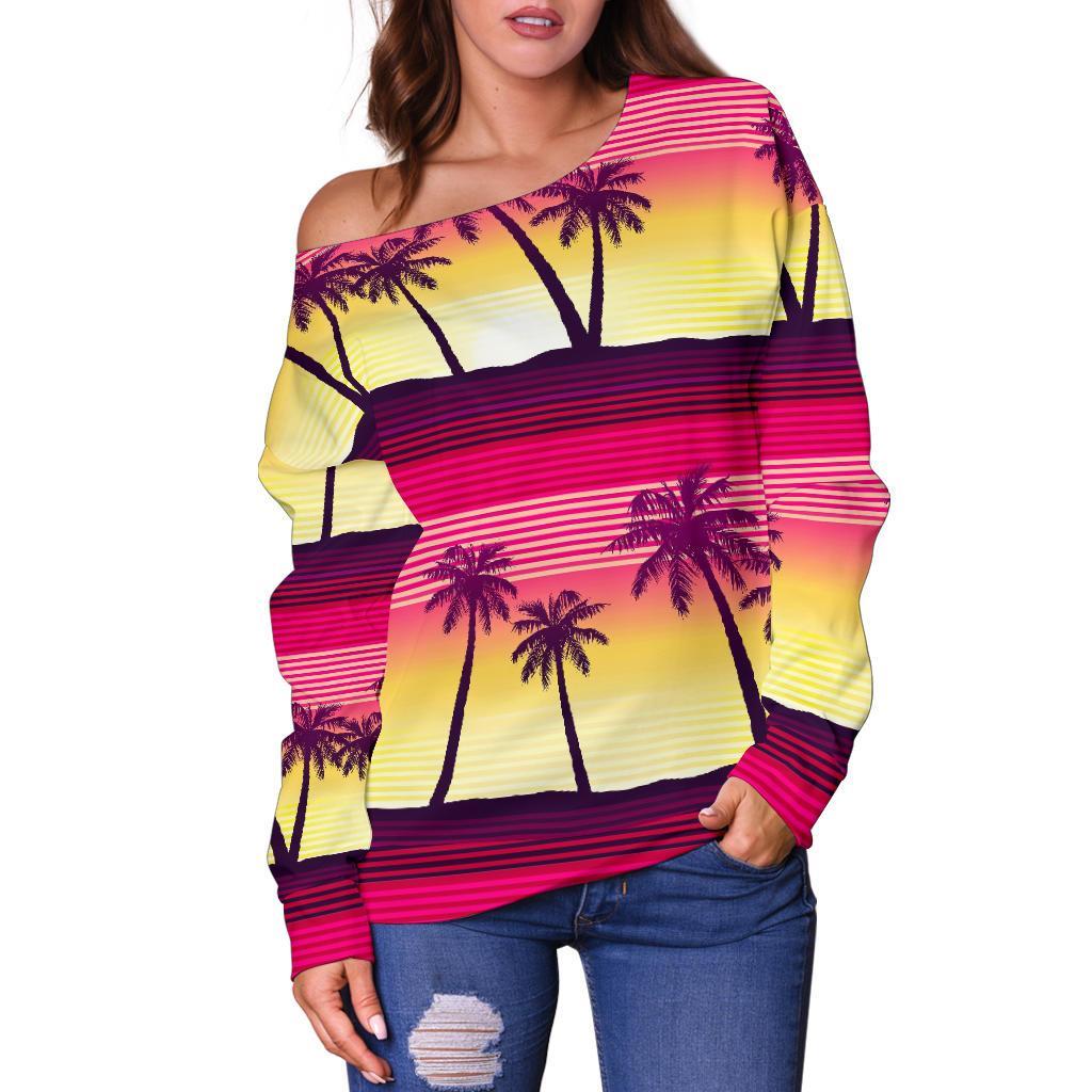 Sunset Palm Tree Pattern Print Off Shoulder Sweatshirt GearFrost