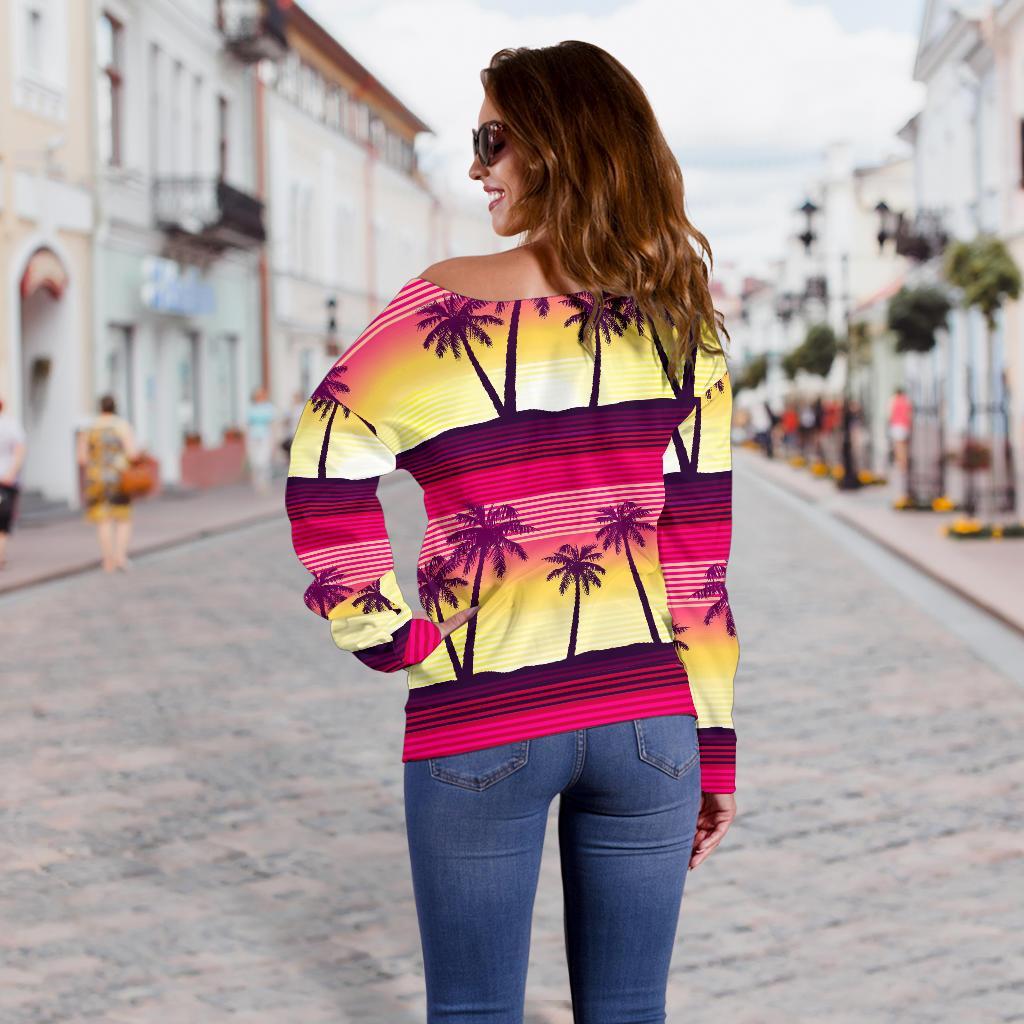 Sunset Palm Tree Pattern Print Off Shoulder Sweatshirt GearFrost