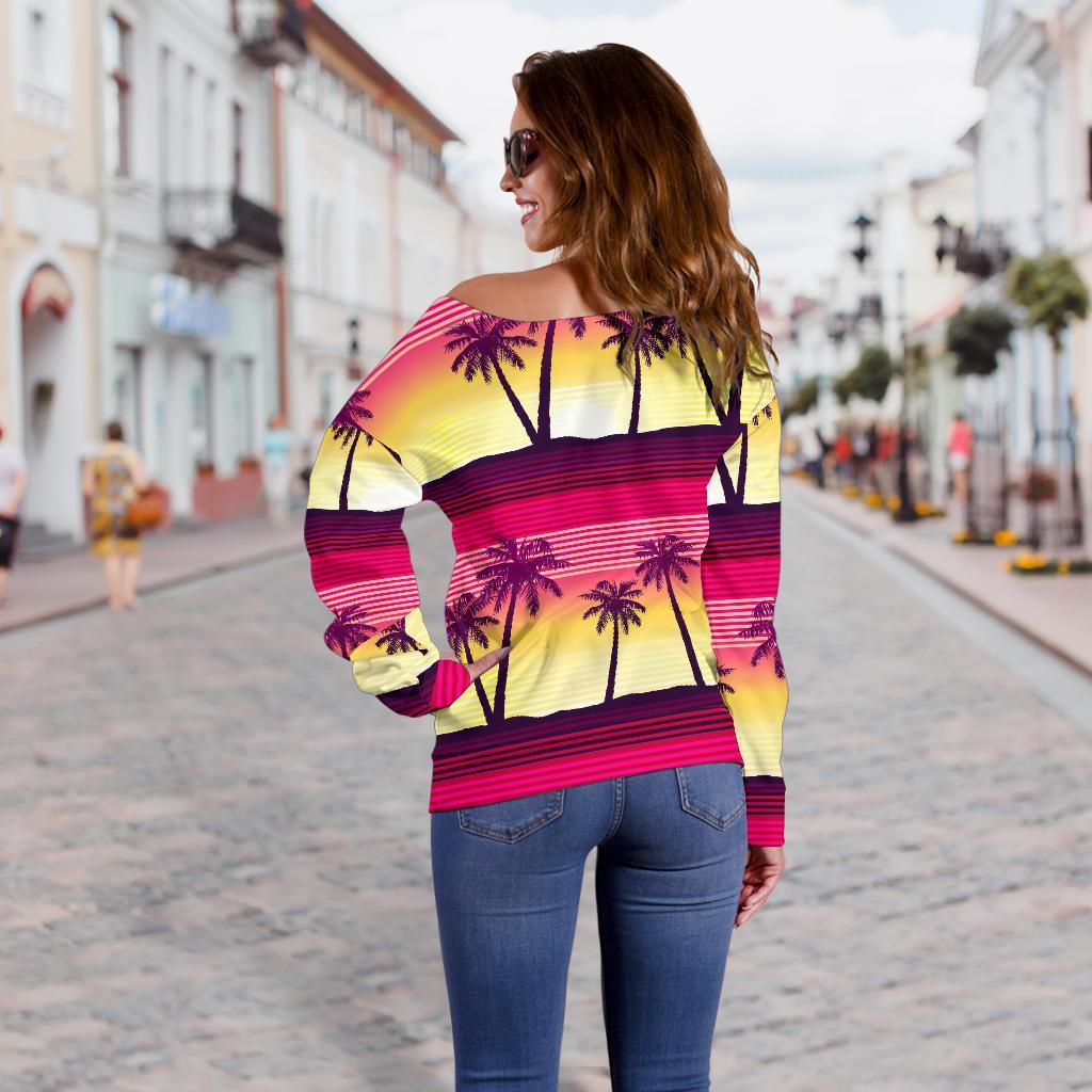 Sunset Palm Tree Pattern Print Off Shoulder Sweatshirt GearFrost