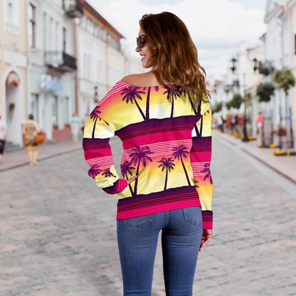 Sunset Palm Tree Pattern Print Off Shoulder Sweatshirt GearFrost