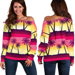 Sunset Palm Tree Pattern Print Off Shoulder Sweatshirt GearFrost