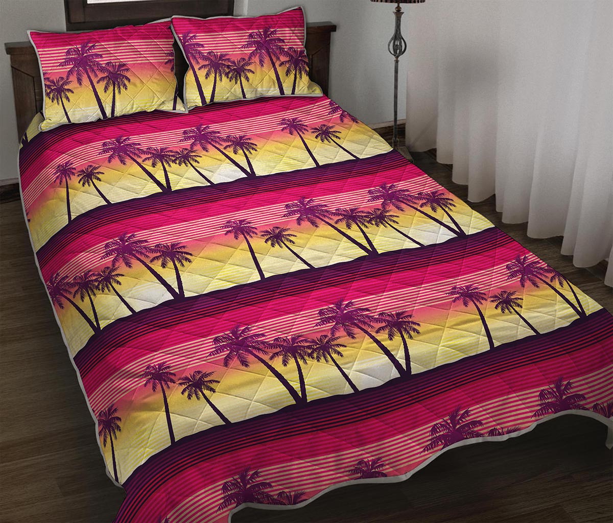 Sunset Palm Tree Pattern Print Quilt Bed Set