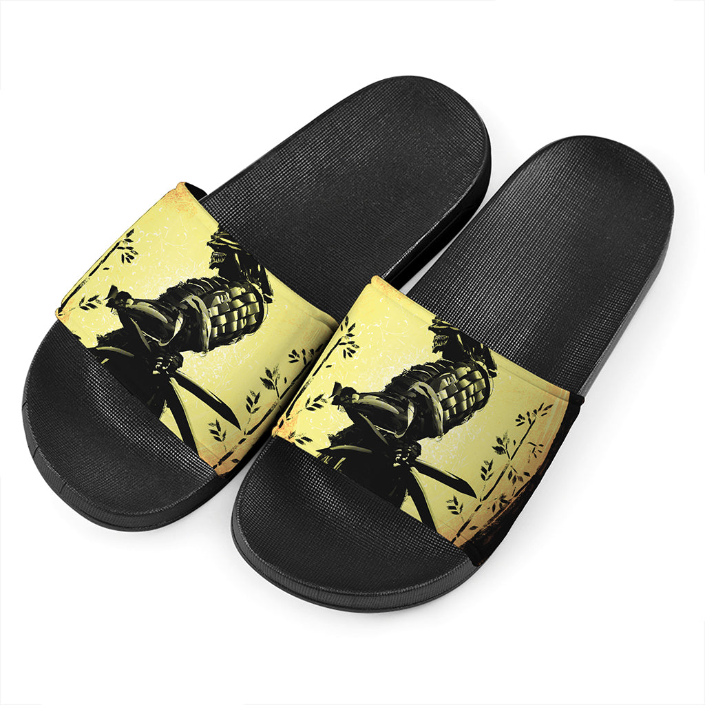 Sunset Samurai Warrior Print Black Slide Sandals