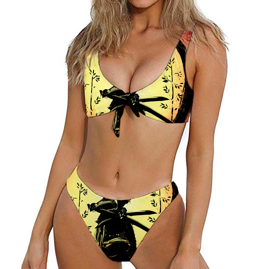 Sunset Samurai Warrior Print Front Bow Tie Bikini