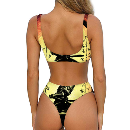 Sunset Samurai Warrior Print Front Bow Tie Bikini