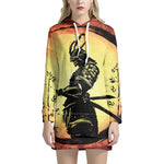 Sunset Samurai Warrior Print Pullover Hoodie Dress