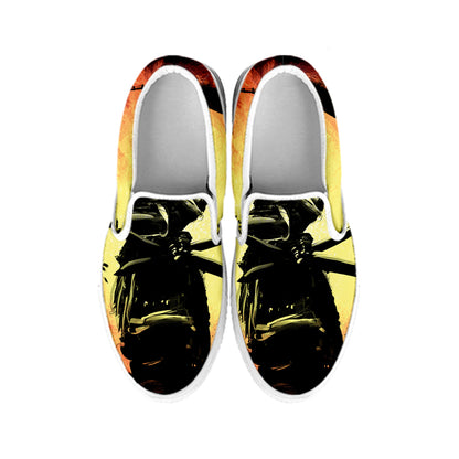 Sunset Samurai Warrior Print White Slip On Shoes