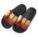 Sunshine Autumn Tree Print Black Slide Sandals