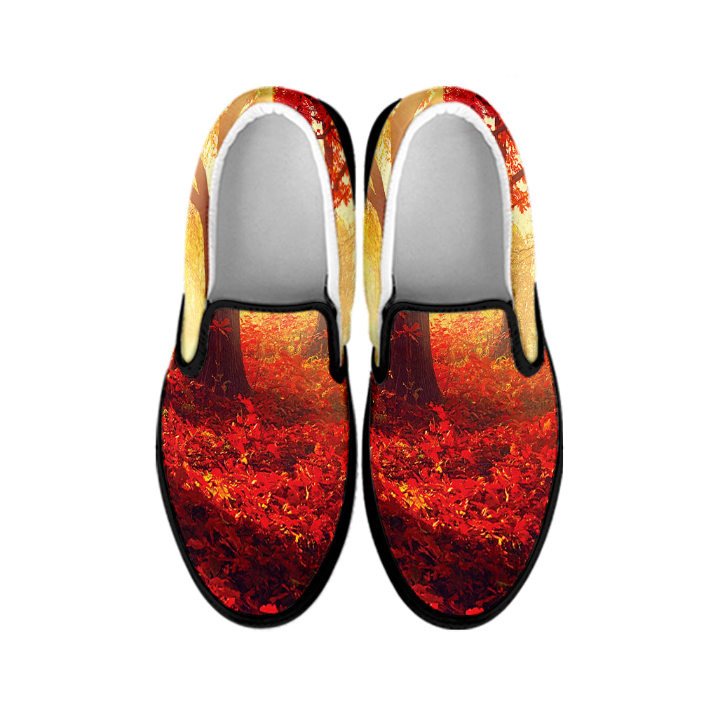 Sunshine Autumn Tree Print Black Slip On Shoes