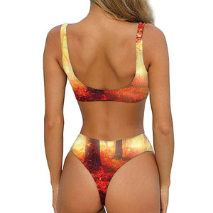 Sunshine Autumn Tree Print Front Bow Tie Bikini