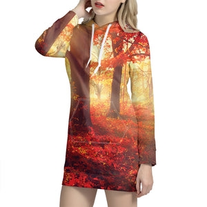 Sunshine Autumn Tree Print Hoodie Dress