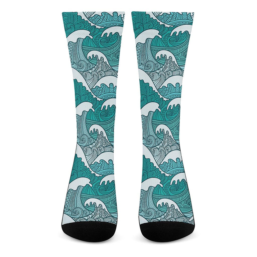 Surfing Wave Pattern Print Crew Socks