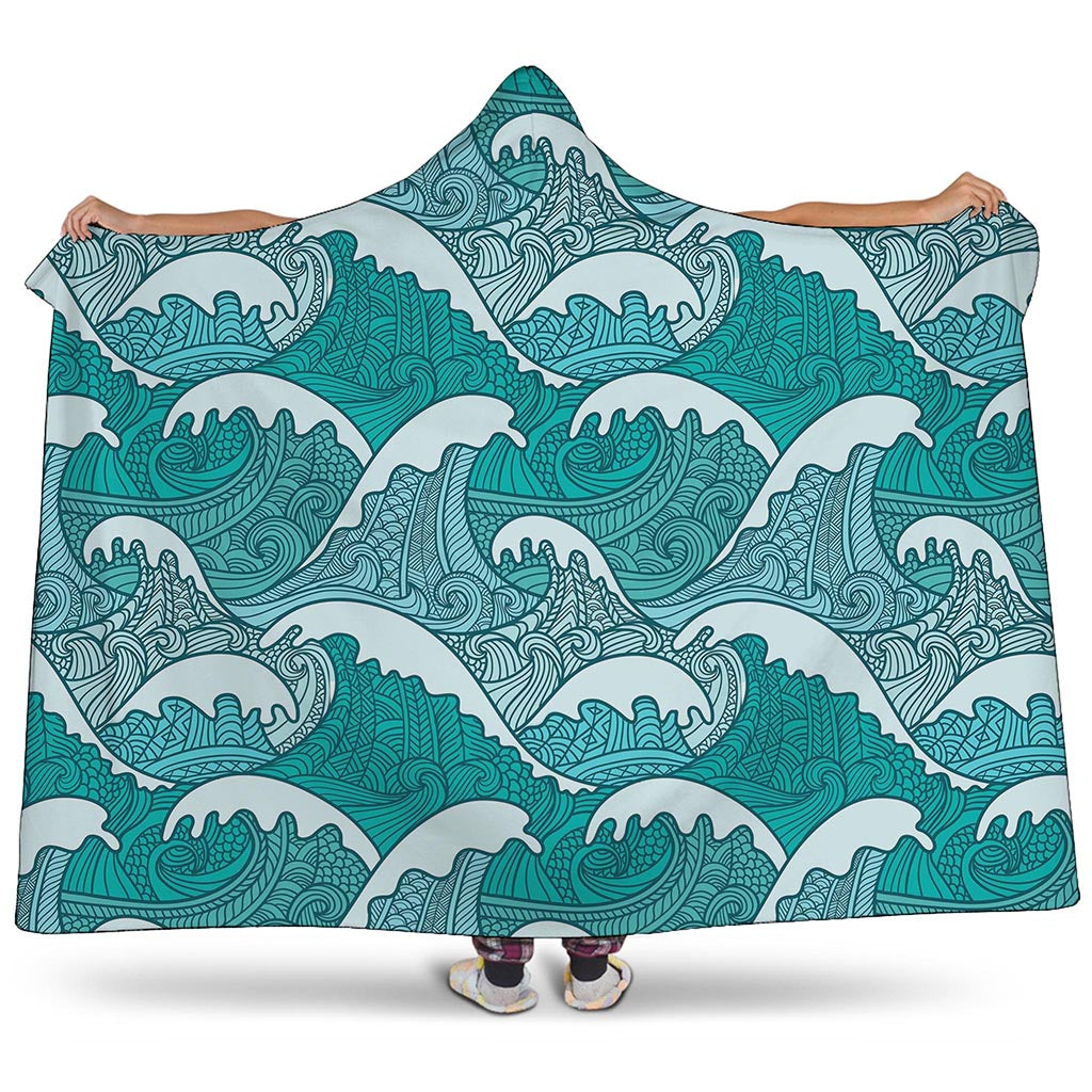 Surfing Wave Pattern Print Hooded Blanket