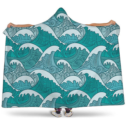 Surfing Wave Pattern Print Hooded Blanket