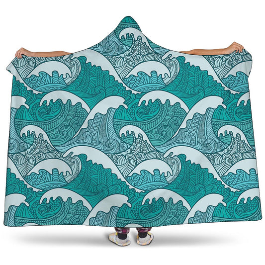 Surfing Wave Pattern Print Hooded Blanket