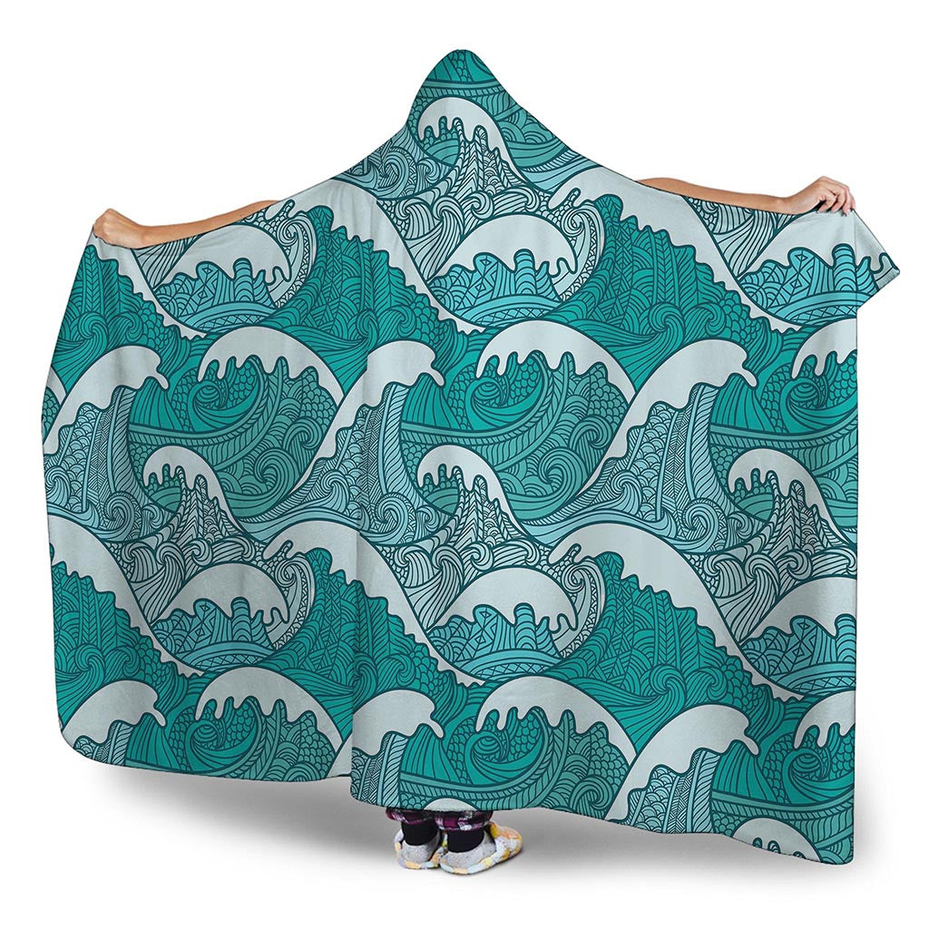 Surfing Wave Pattern Print Hooded Blanket