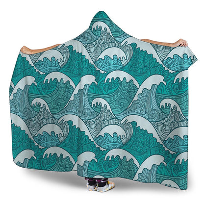 Surfing Wave Pattern Print Hooded Blanket