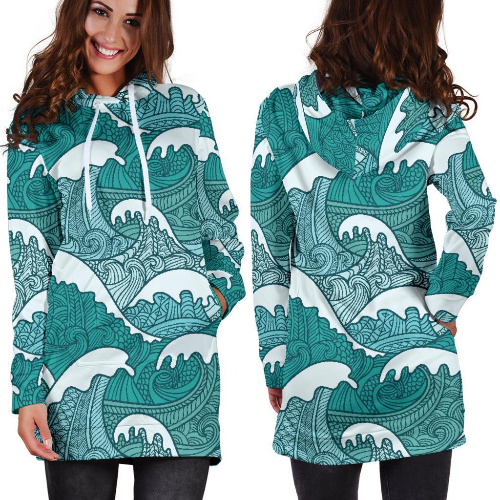 Surfing Wave Pattern Print Hoodie Dress GearFrost