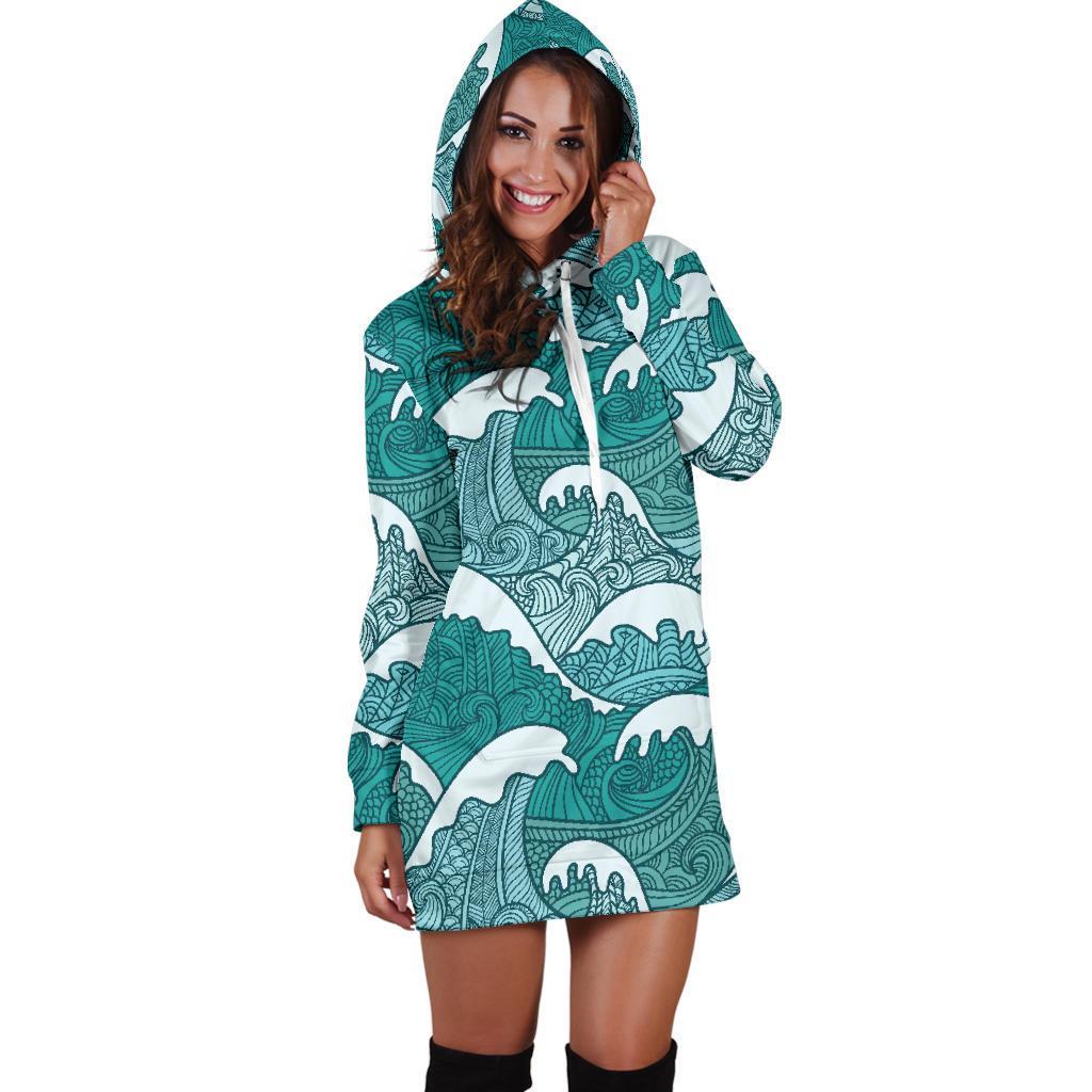 Surfing Wave Pattern Print Hoodie Dress GearFrost