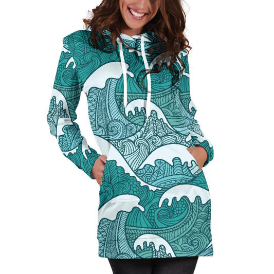 Surfing Wave Pattern Print Hoodie Dress GearFrost