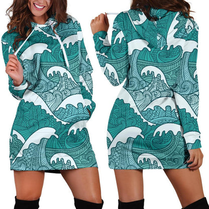 Surfing Wave Pattern Print Hoodie Dress GearFrost