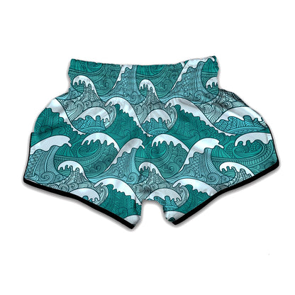 Surfing Wave Pattern Print Muay Thai Boxing Shorts