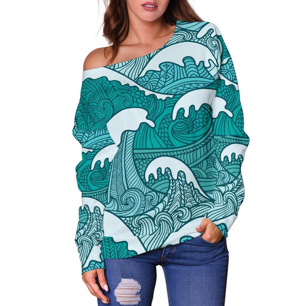 Surfing Wave Pattern Print Off Shoulder Sweatshirt GearFrost