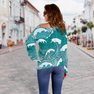 Surfing Wave Pattern Print Off Shoulder Sweatshirt GearFrost