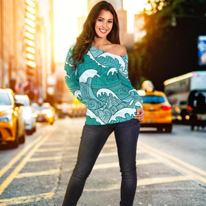 Surfing Wave Pattern Print Off Shoulder Sweatshirt GearFrost